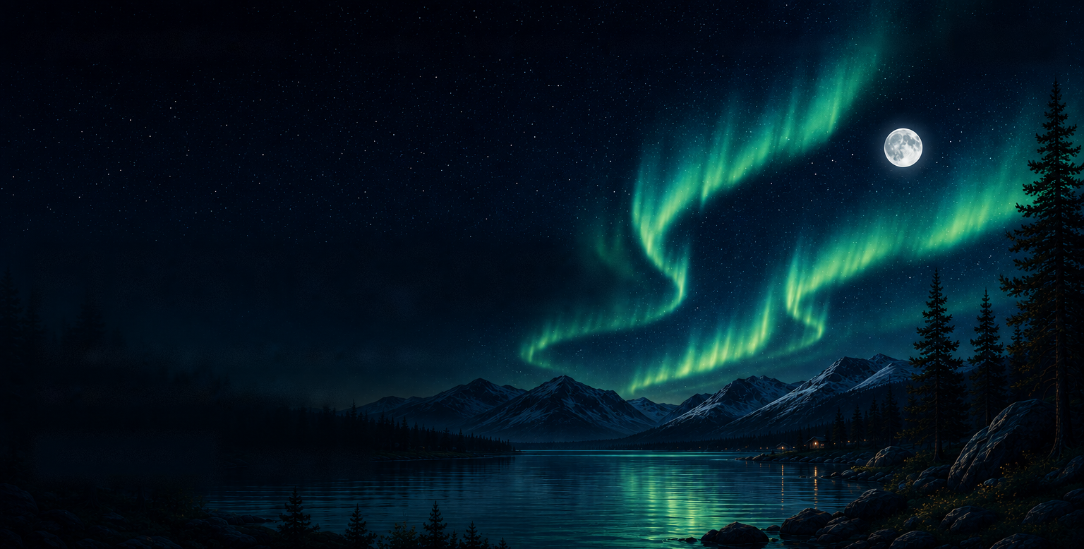 Nordic lake under northern lights, a starry sky and moon, with one small illuminated cabin on the right shore